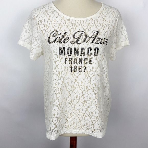 Piperlime Ivory Lace Cote D'Azur Monaco France 1887 SS Tee Blouse Womens Size M - Picture 1 of 4